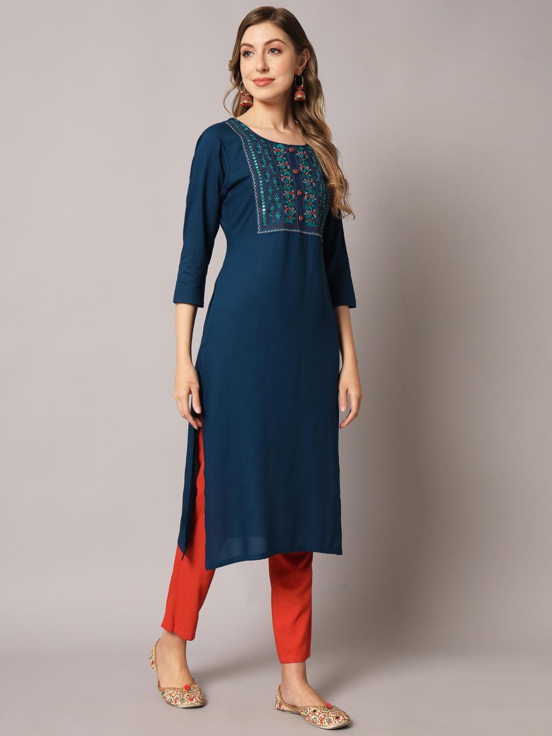 Women's Blue Color Solid Rayon Embroidered Kurta - PREKSHA - Indiakreations