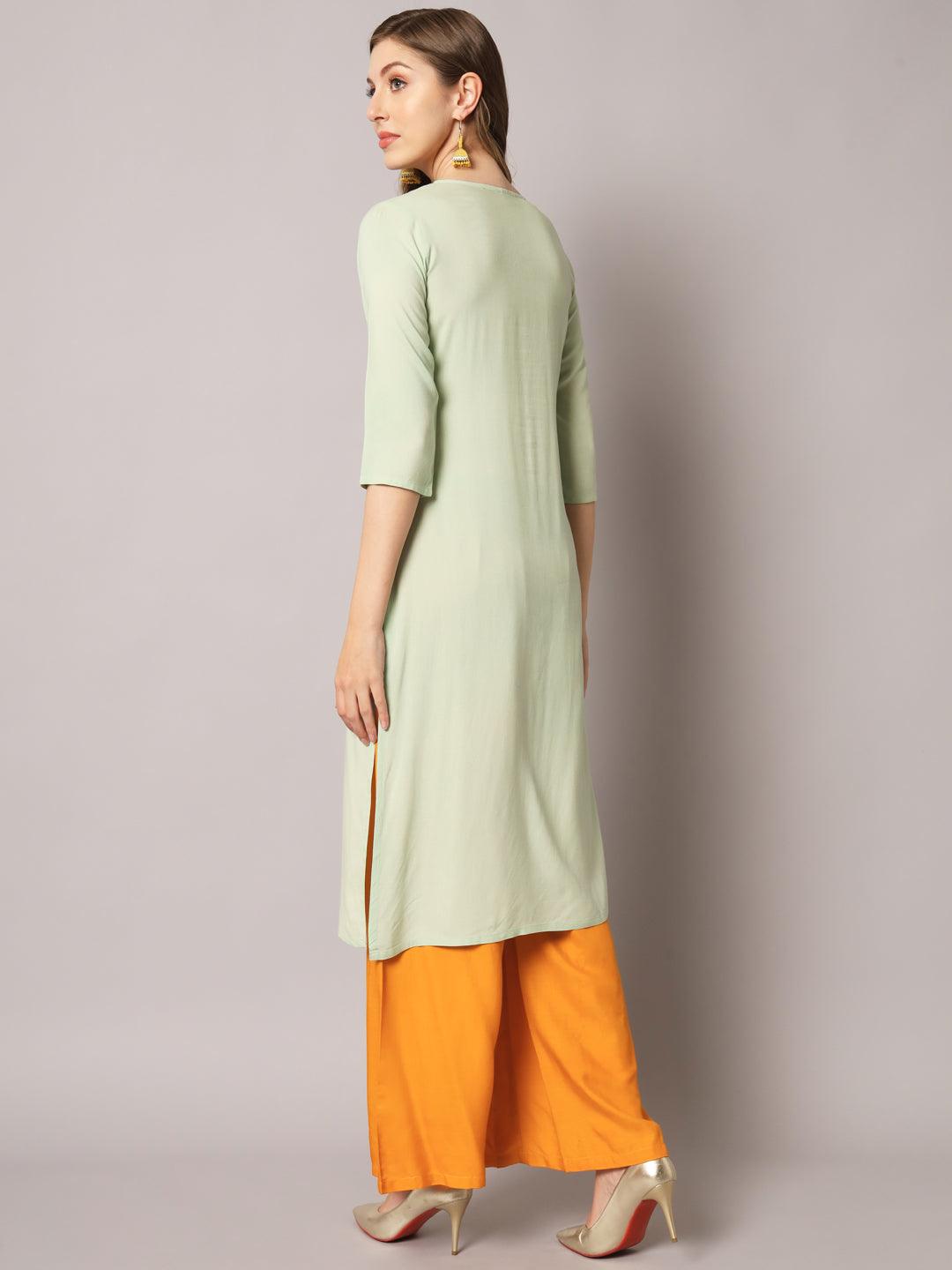 Women's Lite Green Color Solid Rayon Embroidered Kurta - PREKSHA - Indiakreations