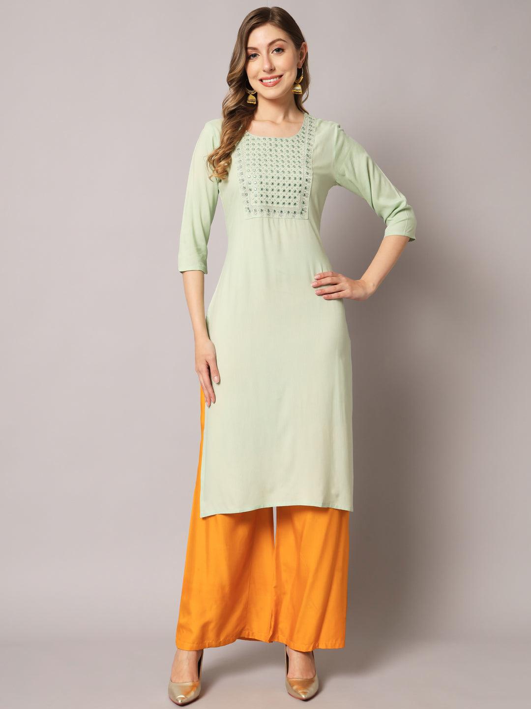 Women's Lite Green Color Solid Rayon Embroidered Kurta - PREKSHA - Indiakreations