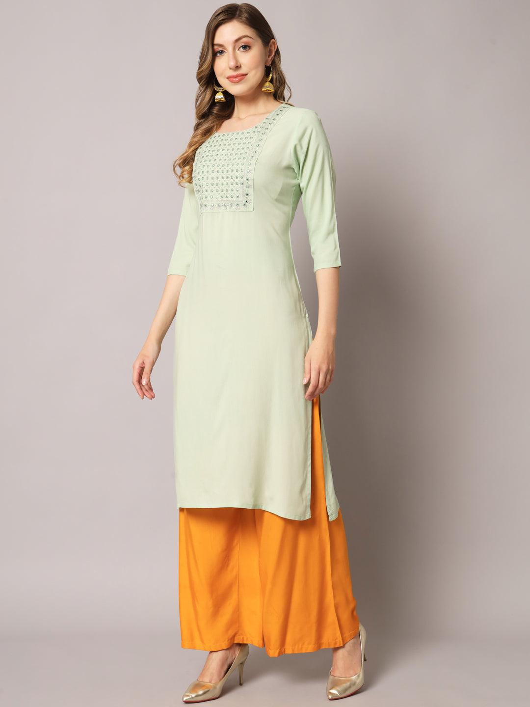 Women's Lite Green Color Solid Rayon Embroidered Kurta - PREKSHA - Indiakreations