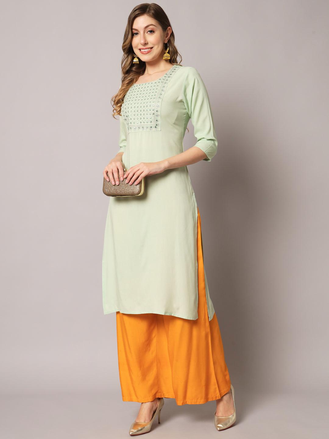 Women's Lite Green Color Solid Rayon Embroidered Kurta - PREKSHA - Indiakreations