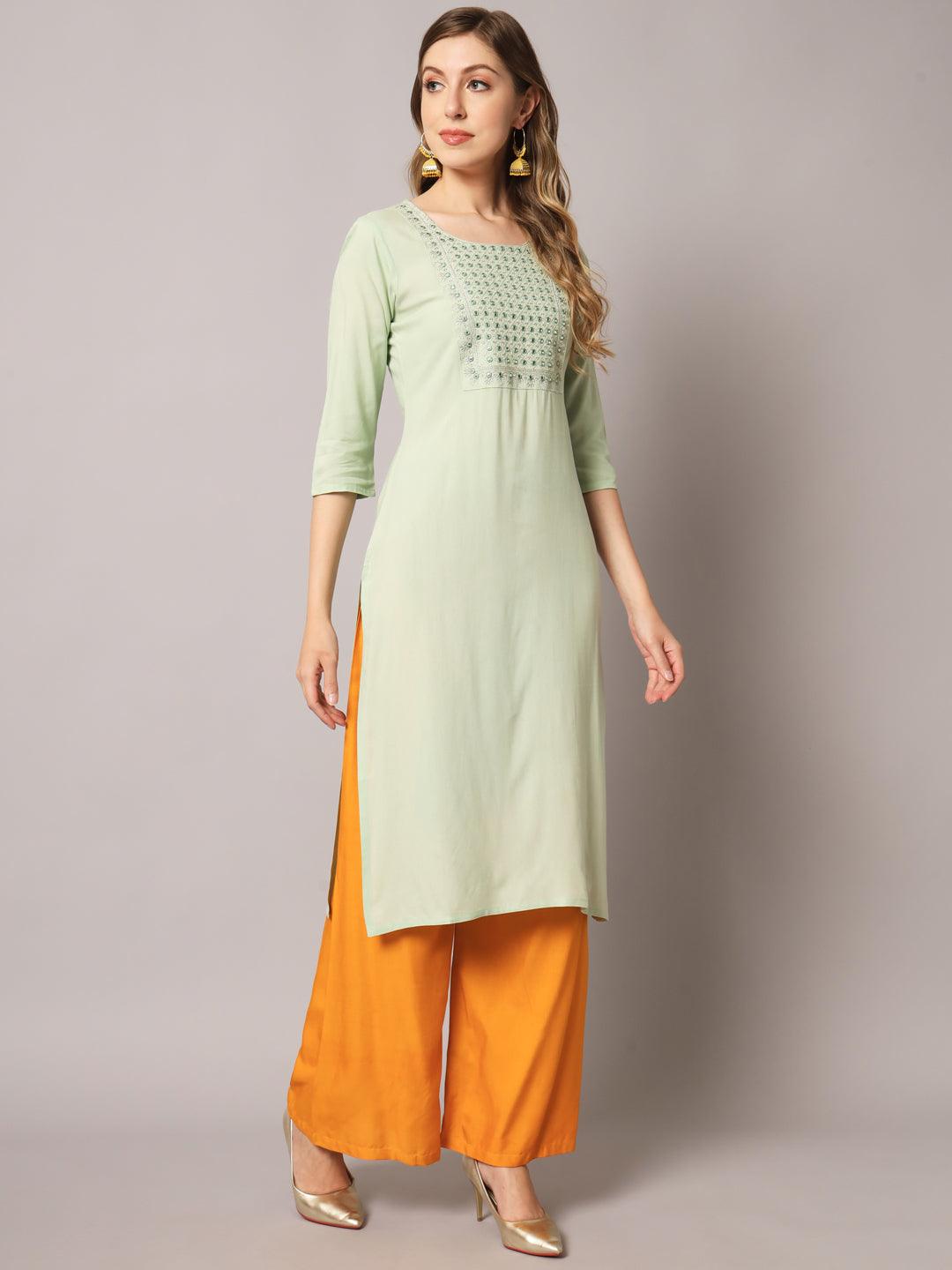 Women's Lite Green Color Solid Rayon Embroidered Kurta - PREKSHA - Indiakreations