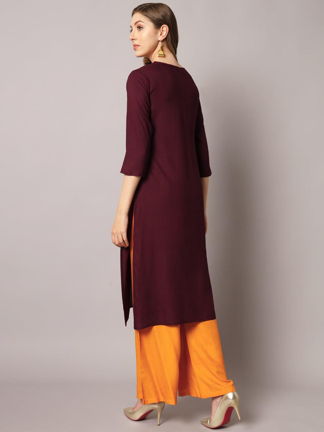 Women's Wine Color Solid Rayon Embroidered Kurta - PREKSHA - Indiakreations