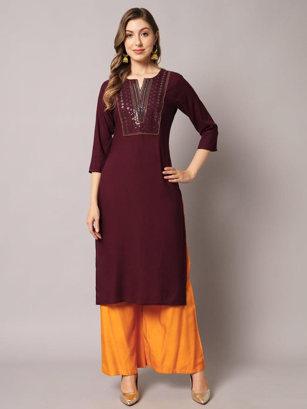 Women's Wine Color Solid Rayon Embroidered Kurta - PREKSHA - Indiakreations