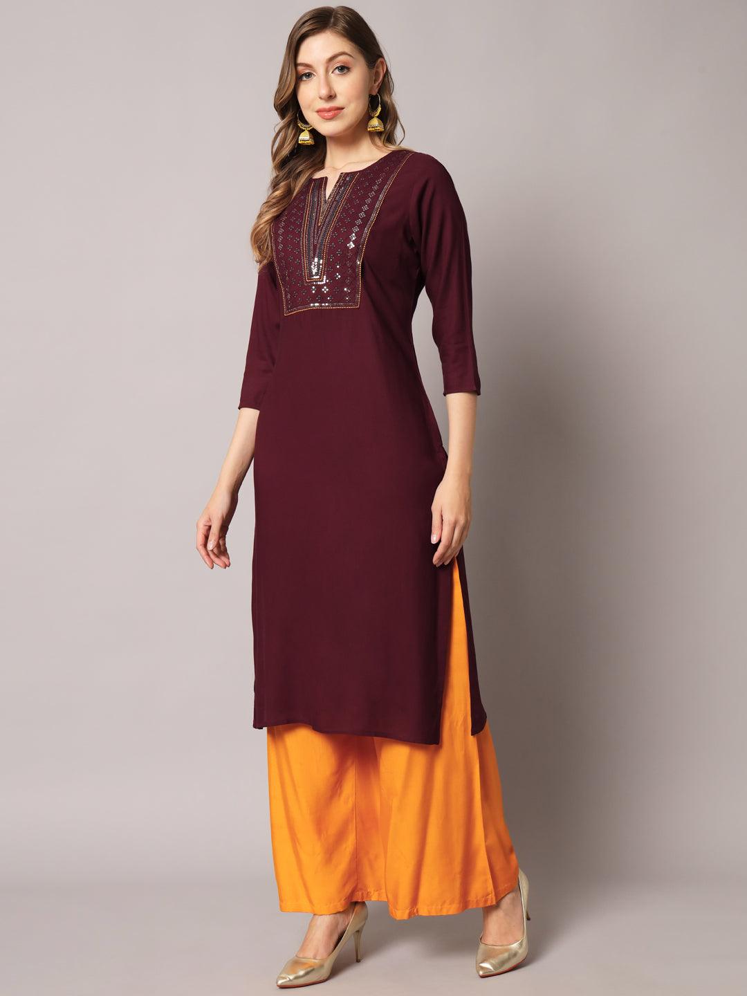 Women's Wine Color Solid Rayon Embroidered Kurta - PREKSHA - Indiakreations