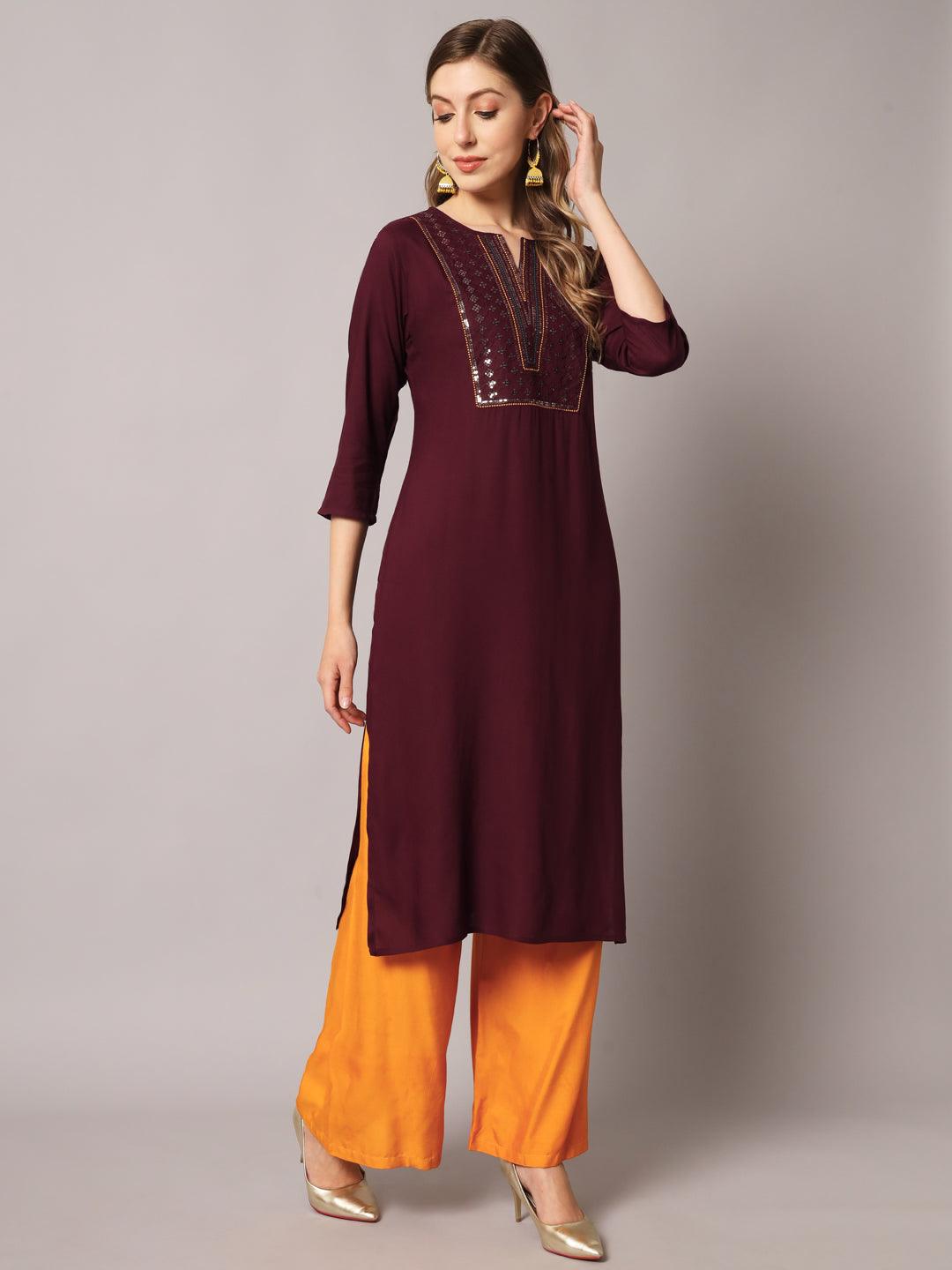 Women's Wine Color Solid Rayon Embroidered Kurta - PREKSHA - Indiakreations