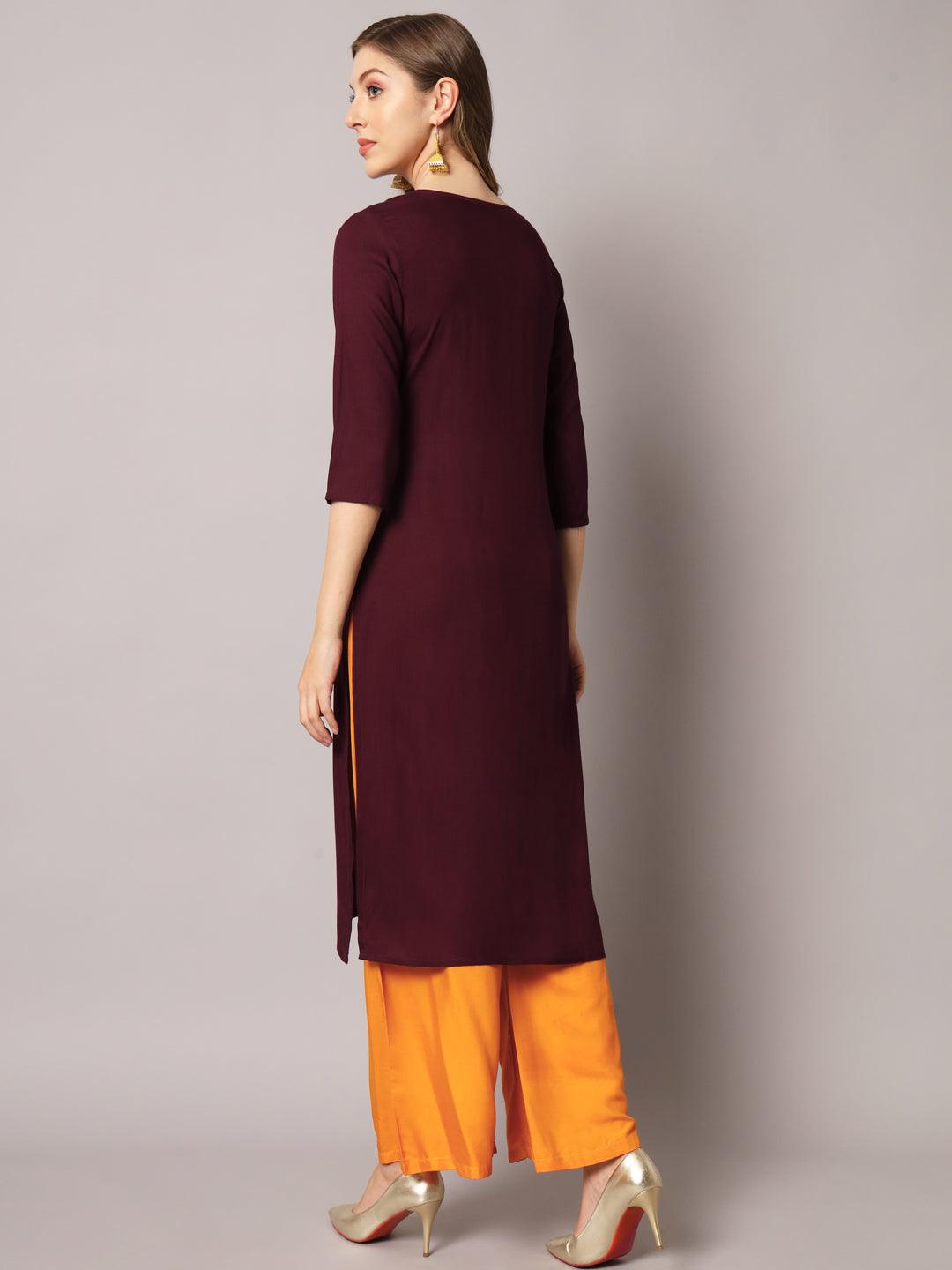 Women's Wine Color Solid Rayon Embroidered Kurta - PREKSHA - Indiakreations