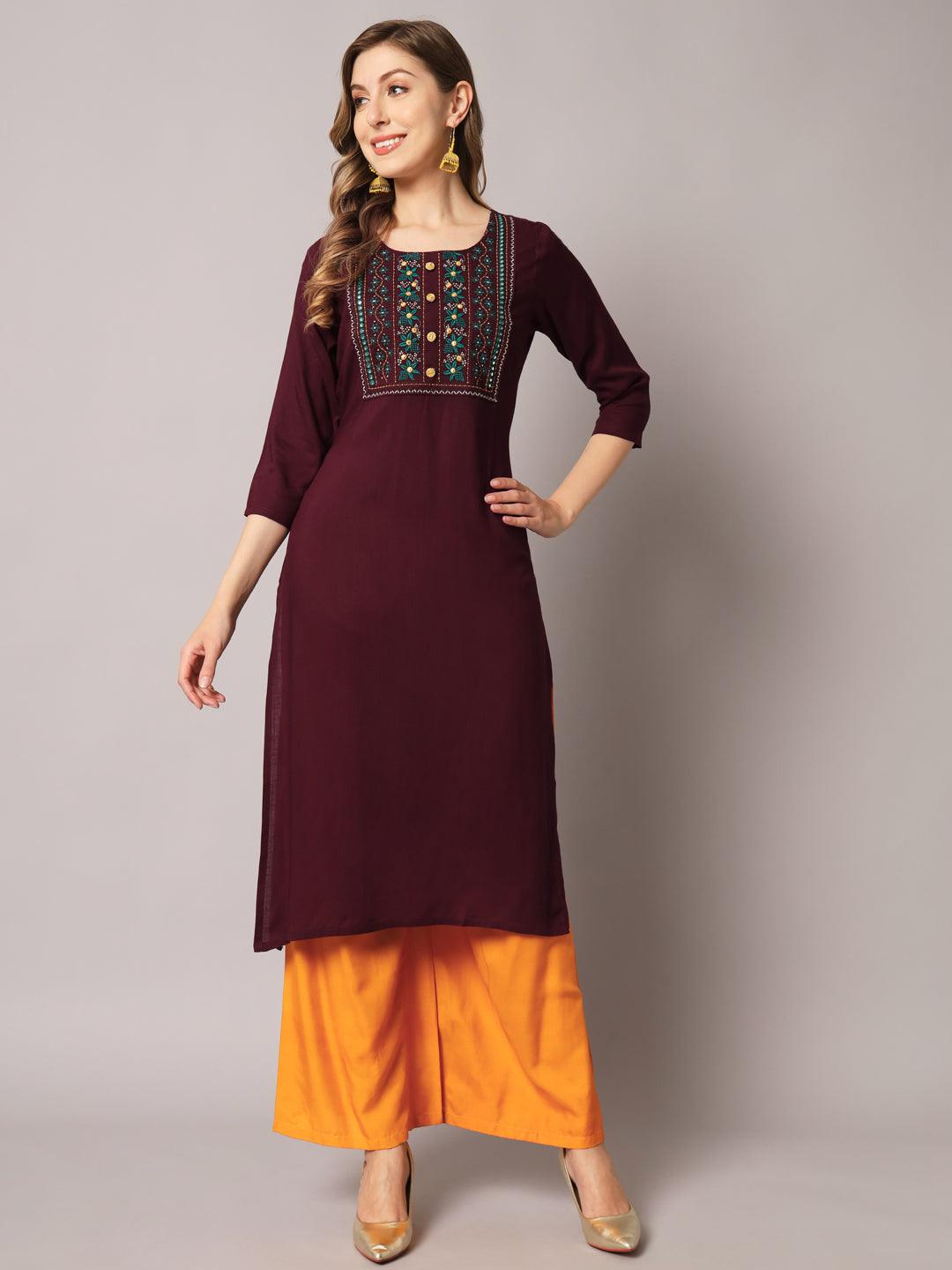 Women's Wine Color Solid Rayon Embroidered Kurta - PREKSHA - Indiakreations