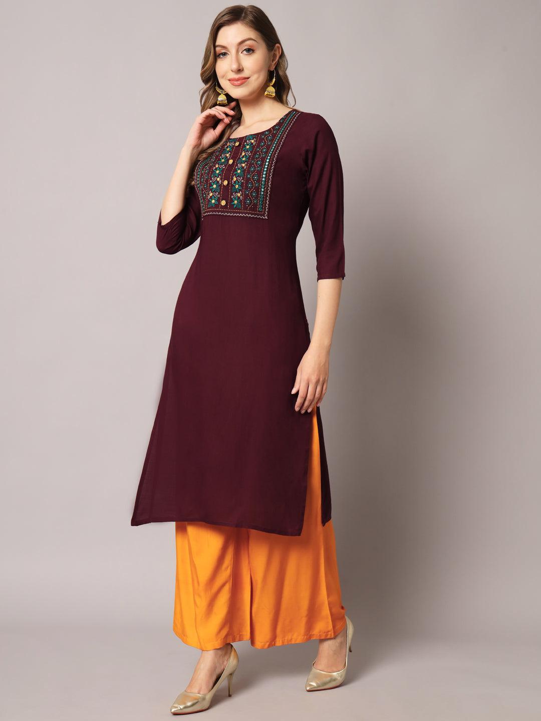 Women's Wine Color Solid Rayon Embroidered Kurta - PREKSHA - Indiakreations