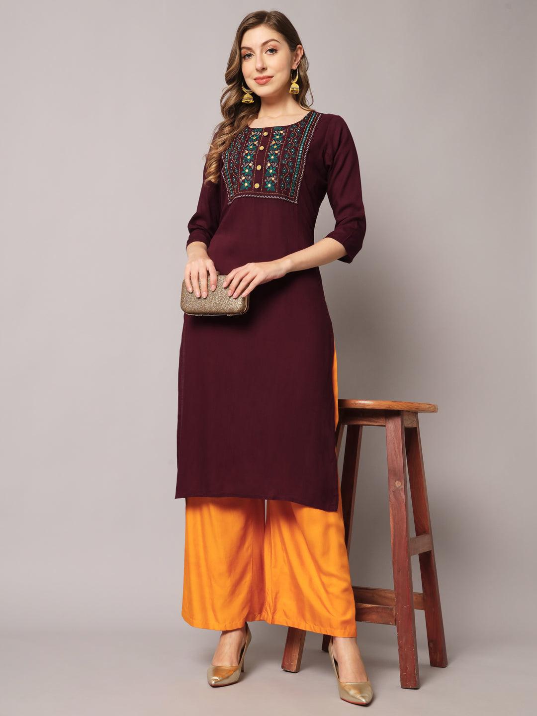 Women's Wine Color Solid Rayon Embroidered Kurta - PREKSHA - Indiakreations