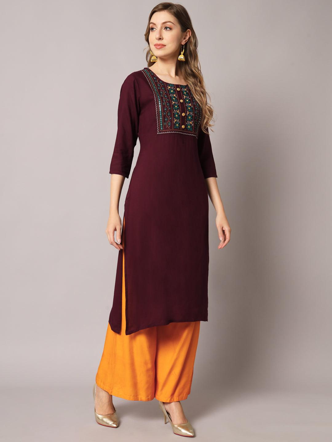 Women's Wine Color Solid Rayon Embroidered Kurta - PREKSHA - Indiakreations