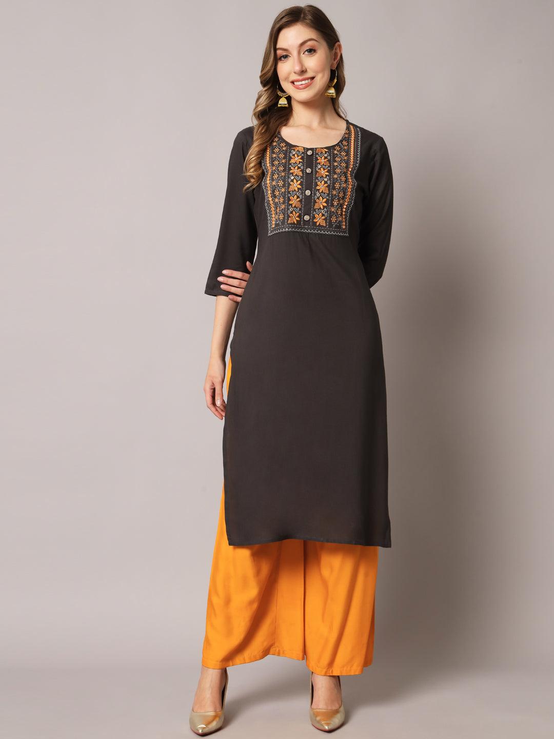 Women's Grey Color Solid Rayon Embroidered Kurta - PREKSHA - Indiakreations