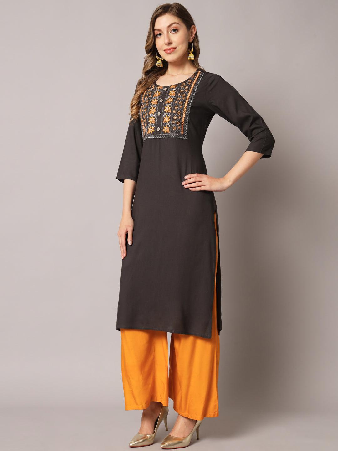 Women's Grey Color Solid Rayon Embroidered Kurta - PREKSHA - Indiakreations