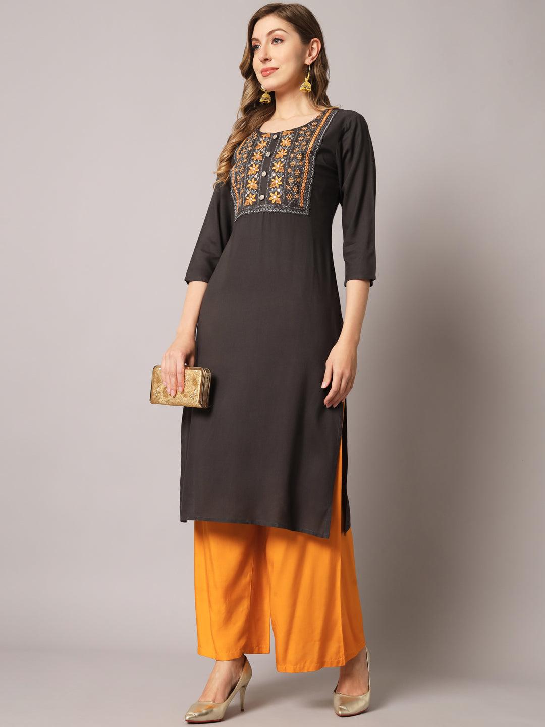 Women's Grey Color Solid Rayon Embroidered Kurta - PREKSHA - Indiakreations