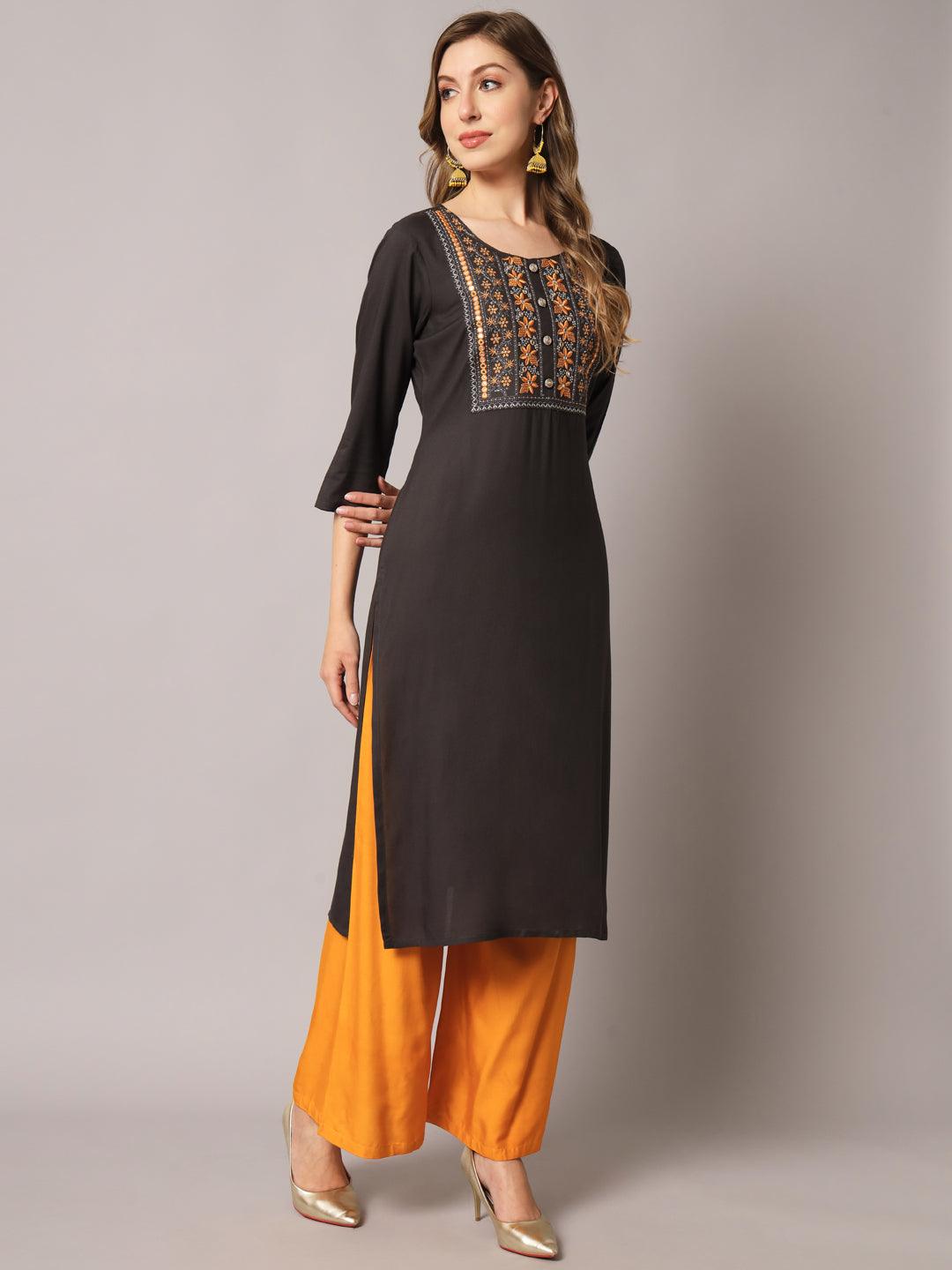 Women's Grey Color Solid Rayon Embroidered Kurta - PREKSHA - Indiakreations