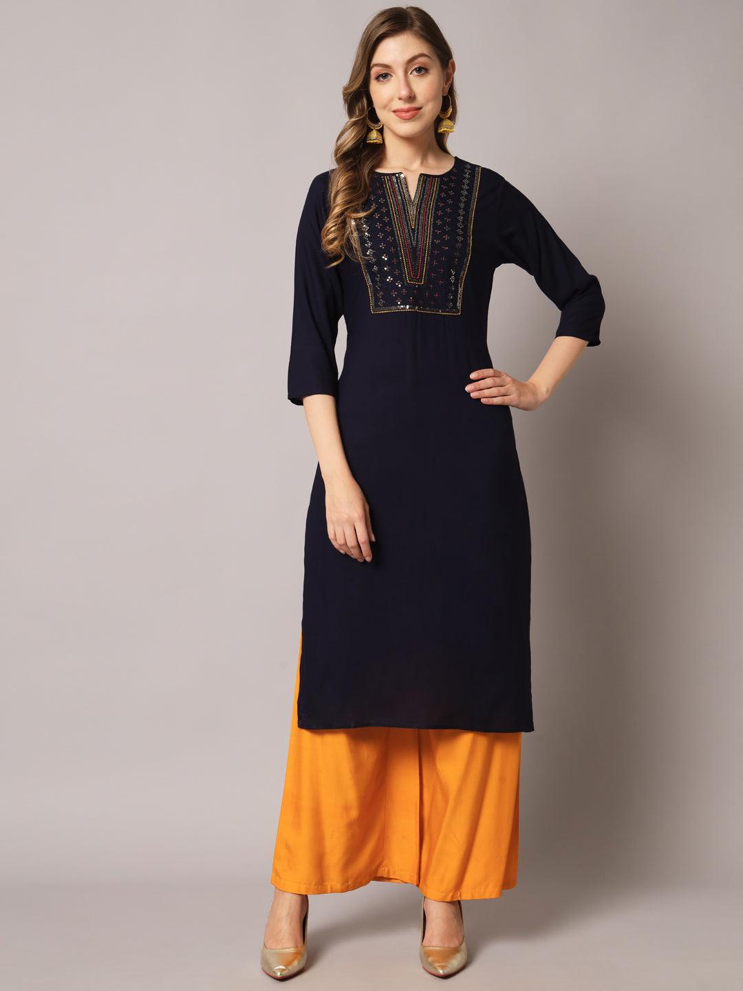 Women's Black Color Ethnic Motifs Rayon Embroidered Kurta - PREKSHA - Indiakreations