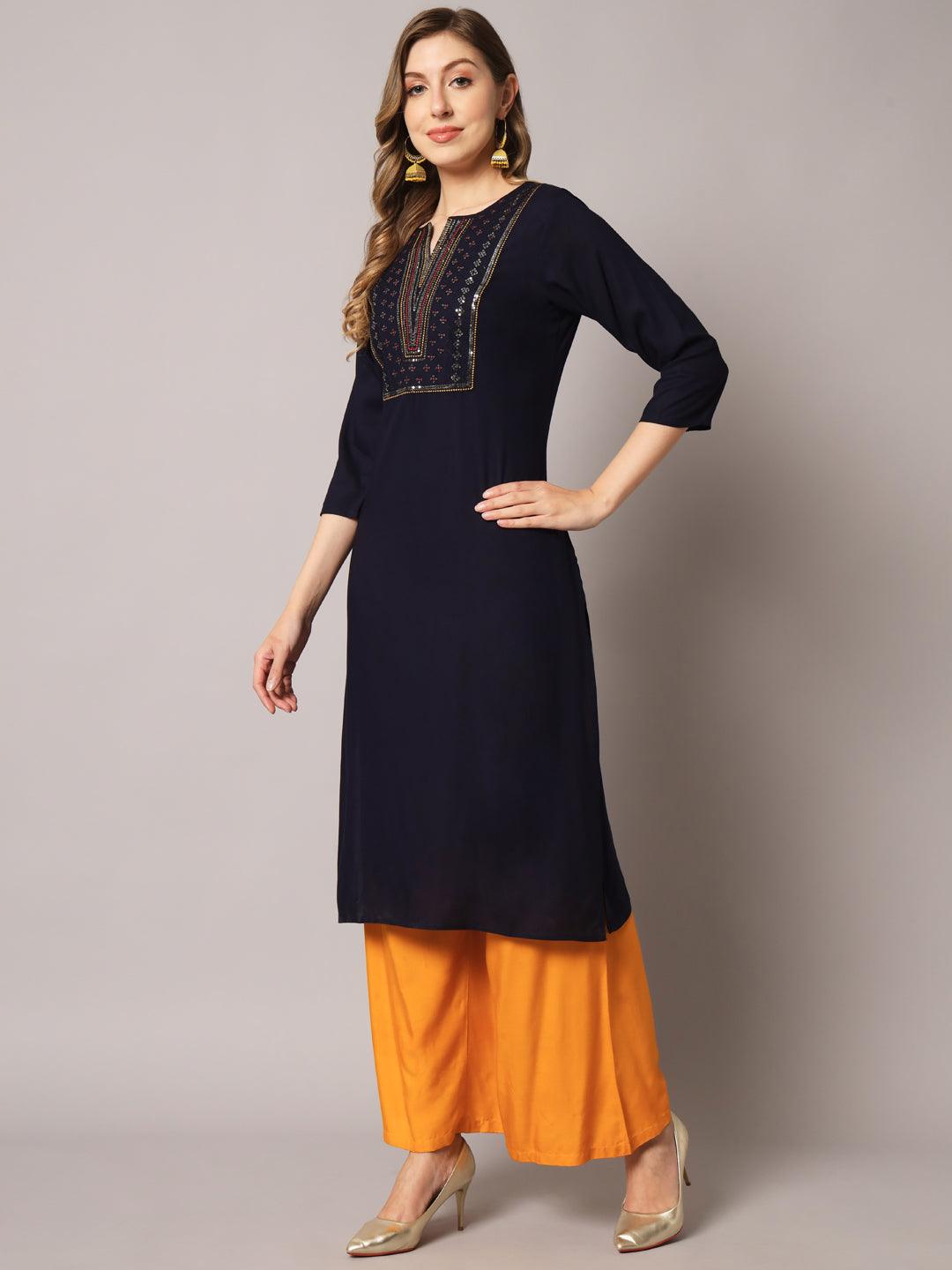 Women's Black Color Ethnic Motifs Rayon Embroidered Kurta - PREKSHA - Indiakreations