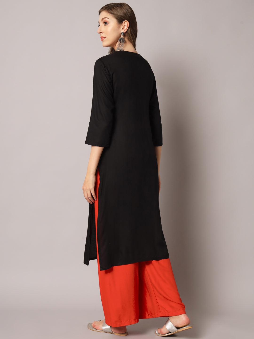 Women's Black Color Solid Rayon Embroidered Kurta - PREKSHA - Indiakreations