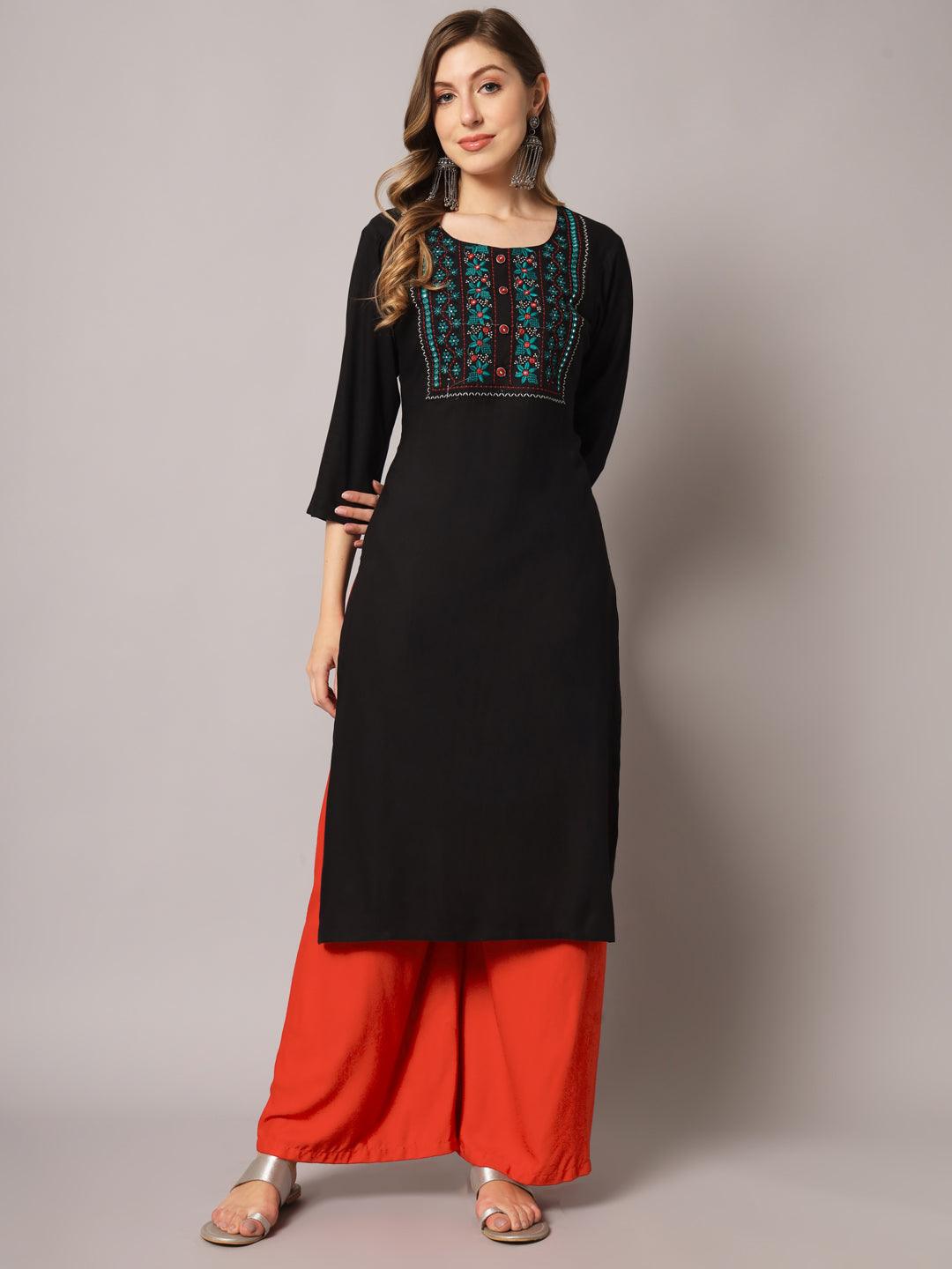 Women's Black Color Solid Rayon Embroidered Kurta - PREKSHA - Indiakreations