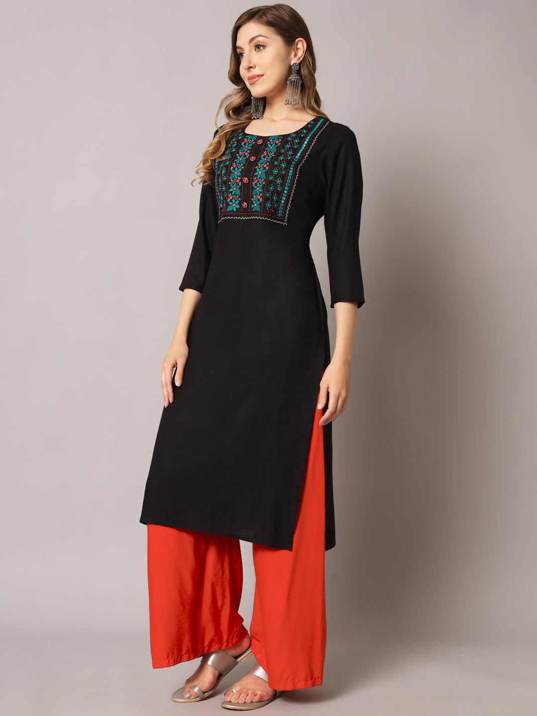 Women's Black Color Solid Rayon Embroidered Kurta - PREKSHA - Indiakreations