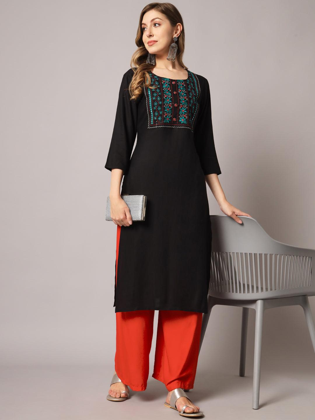 Women's Black Color Solid Rayon Embroidered Kurta - PREKSHA - Indiakreations