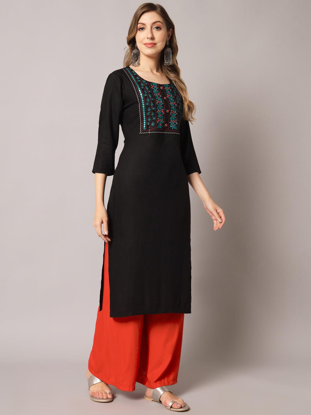 Women's Black Color Solid Rayon Embroidered Kurta - PREKSHA - Indiakreations