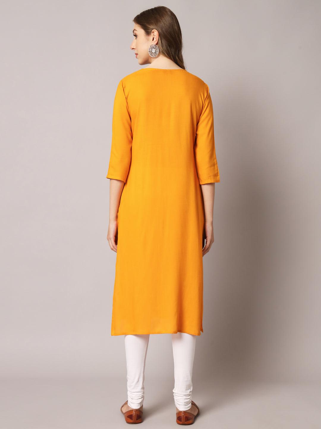 Women's Yellow Color Solid Rayon Embroidered Kurta - PREKSHA - Indiakreations