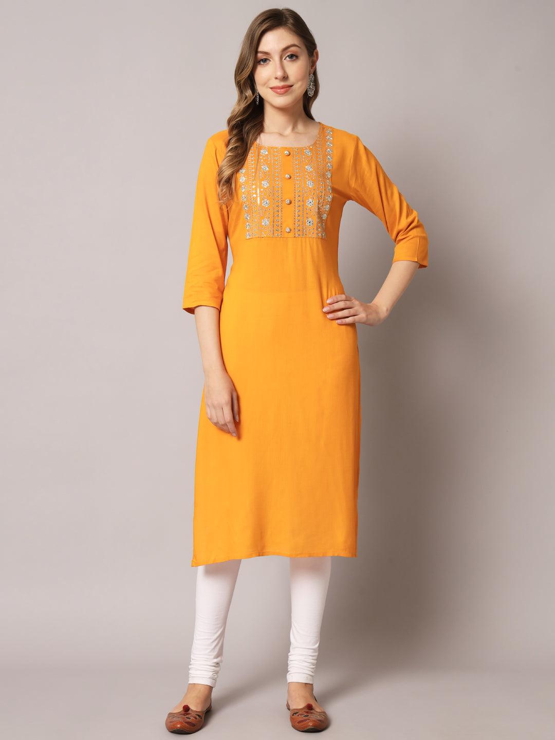 Women's Yellow Color Solid Rayon Embroidered Kurta - PREKSHA - Indiakreations