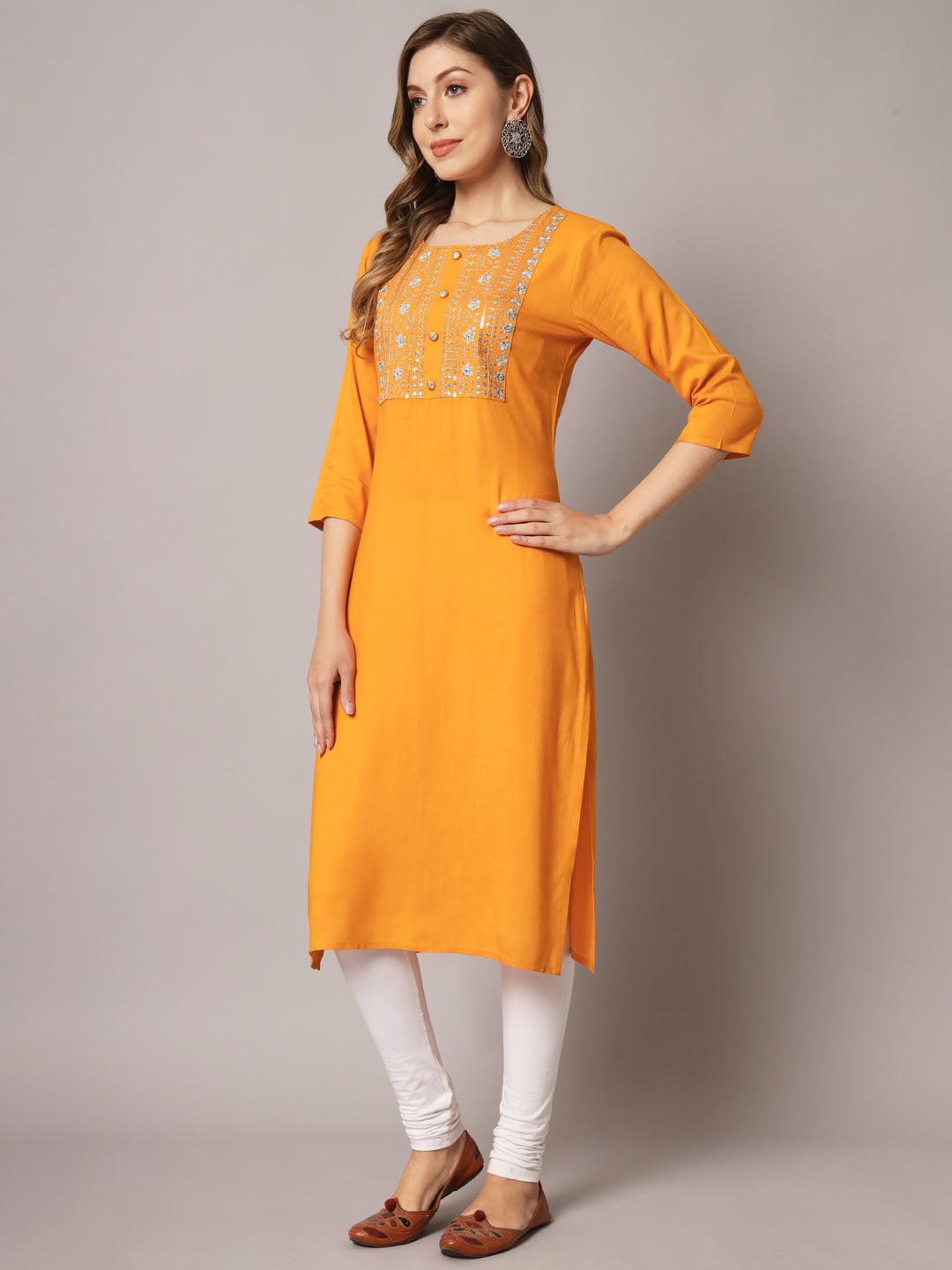 Women's Yellow Color Solid Rayon Embroidered Kurta - PREKSHA - Indiakreations