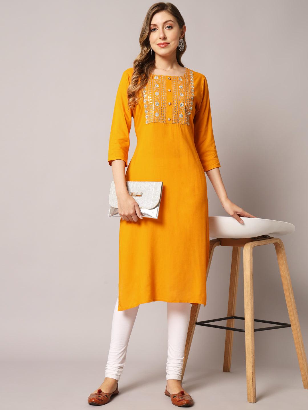 Women's Yellow Color Solid Rayon Embroidered Kurta - PREKSHA - Indiakreations