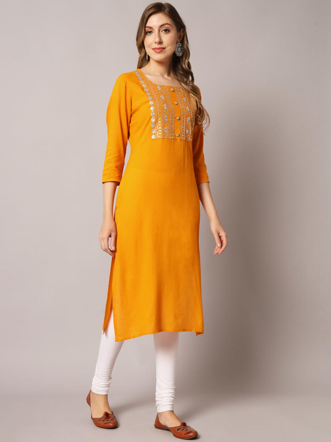 Women's Yellow Color Solid Rayon Embroidered Kurta - PREKSHA - Indiakreations