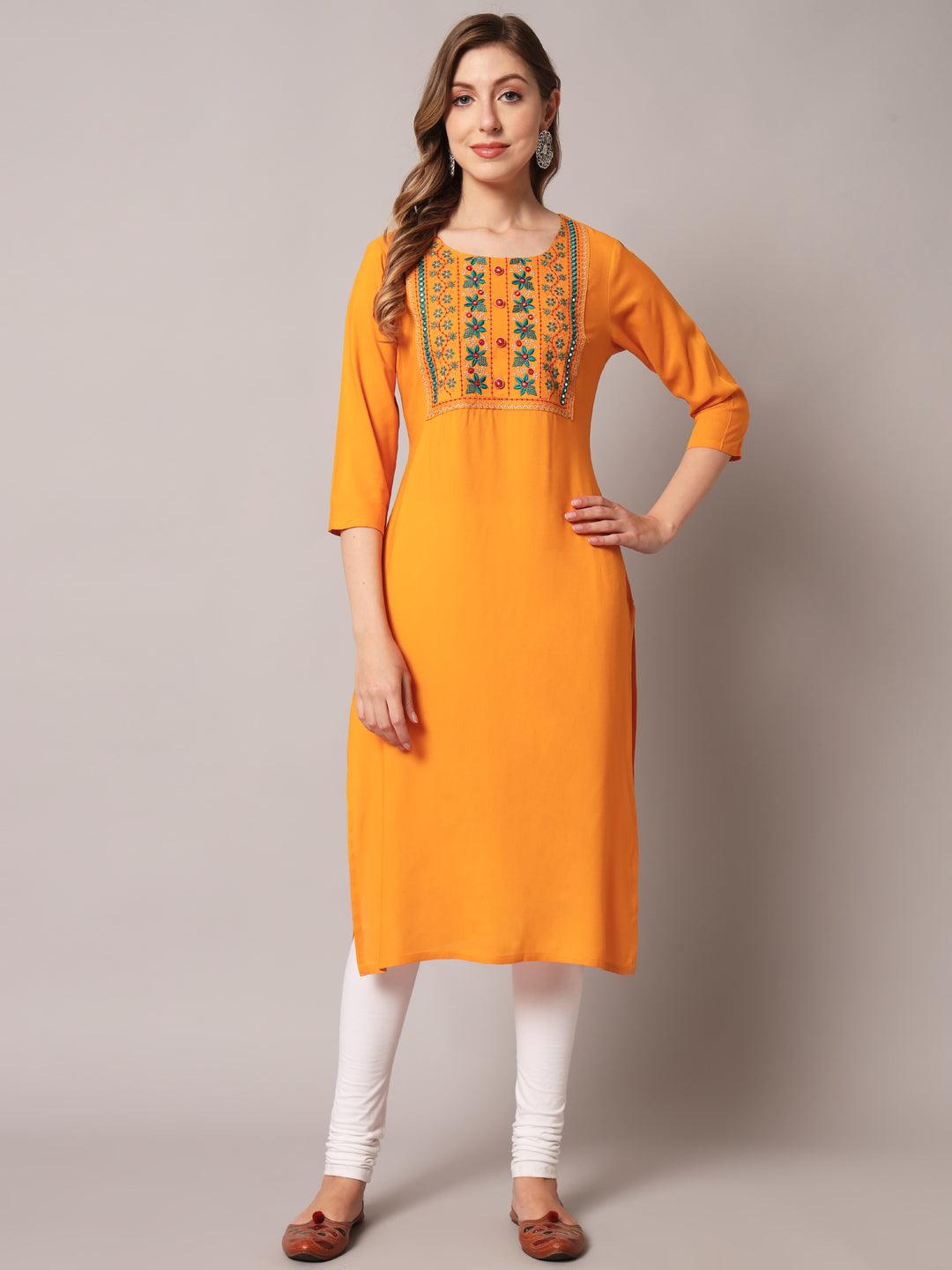 Women's Mustrad Color Solid Rayon Embroidered Kurta - PREKSHA - Indiakreations