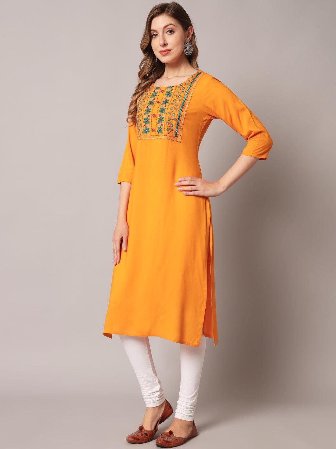 Women's Mustrad Color Solid Rayon Embroidered Kurta - PREKSHA - Indiakreations