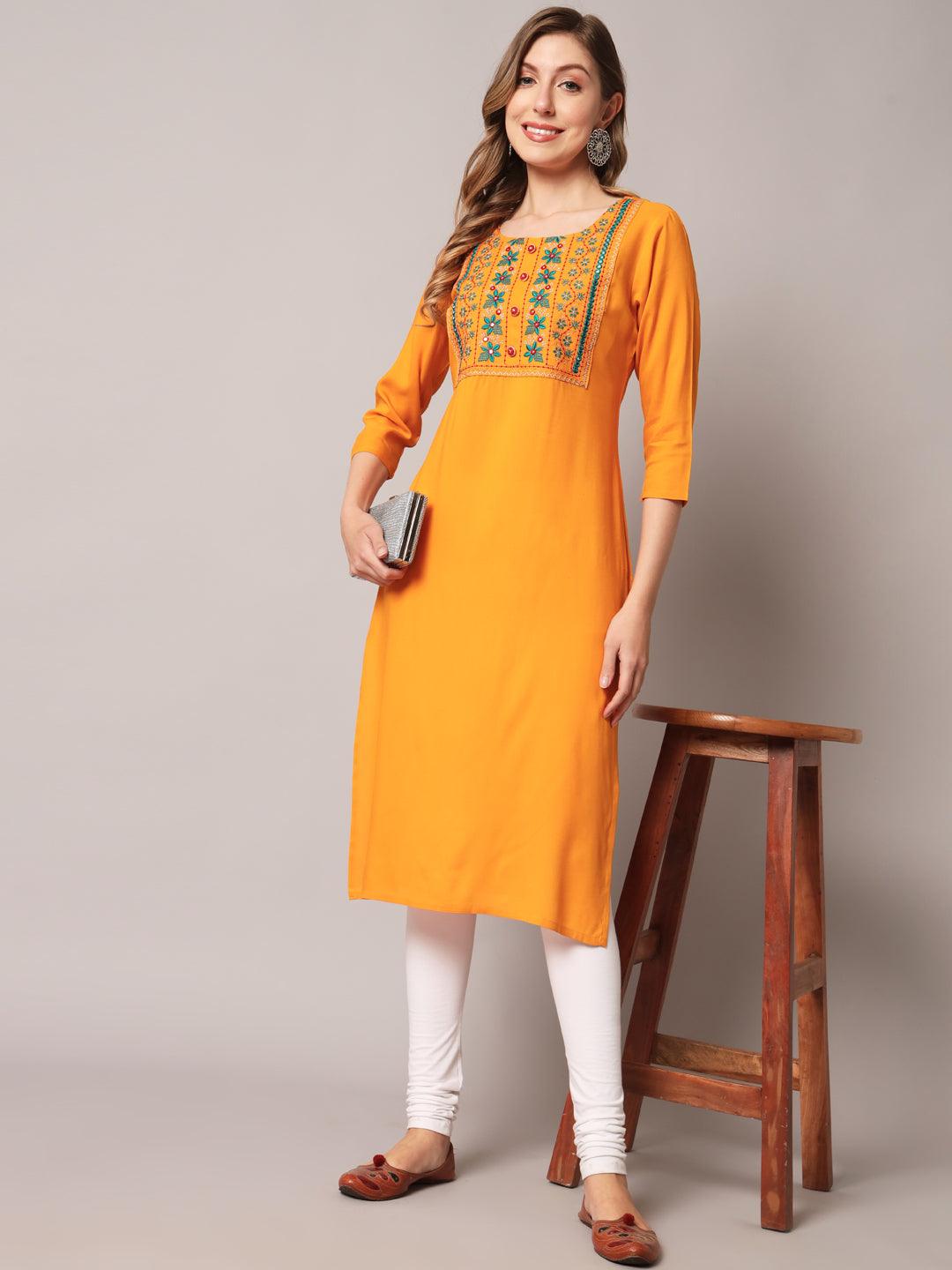 Women's Mustrad Color Solid Rayon Embroidered Kurta - PREKSHA - Indiakreations