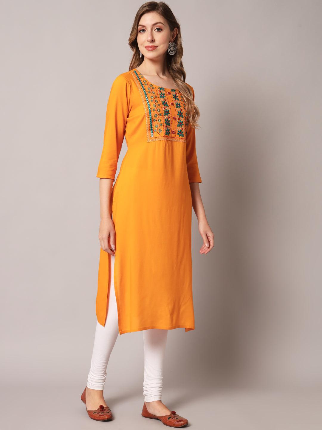 Women's Mustrad Color Solid Rayon Embroidered Kurta - PREKSHA - Indiakreations