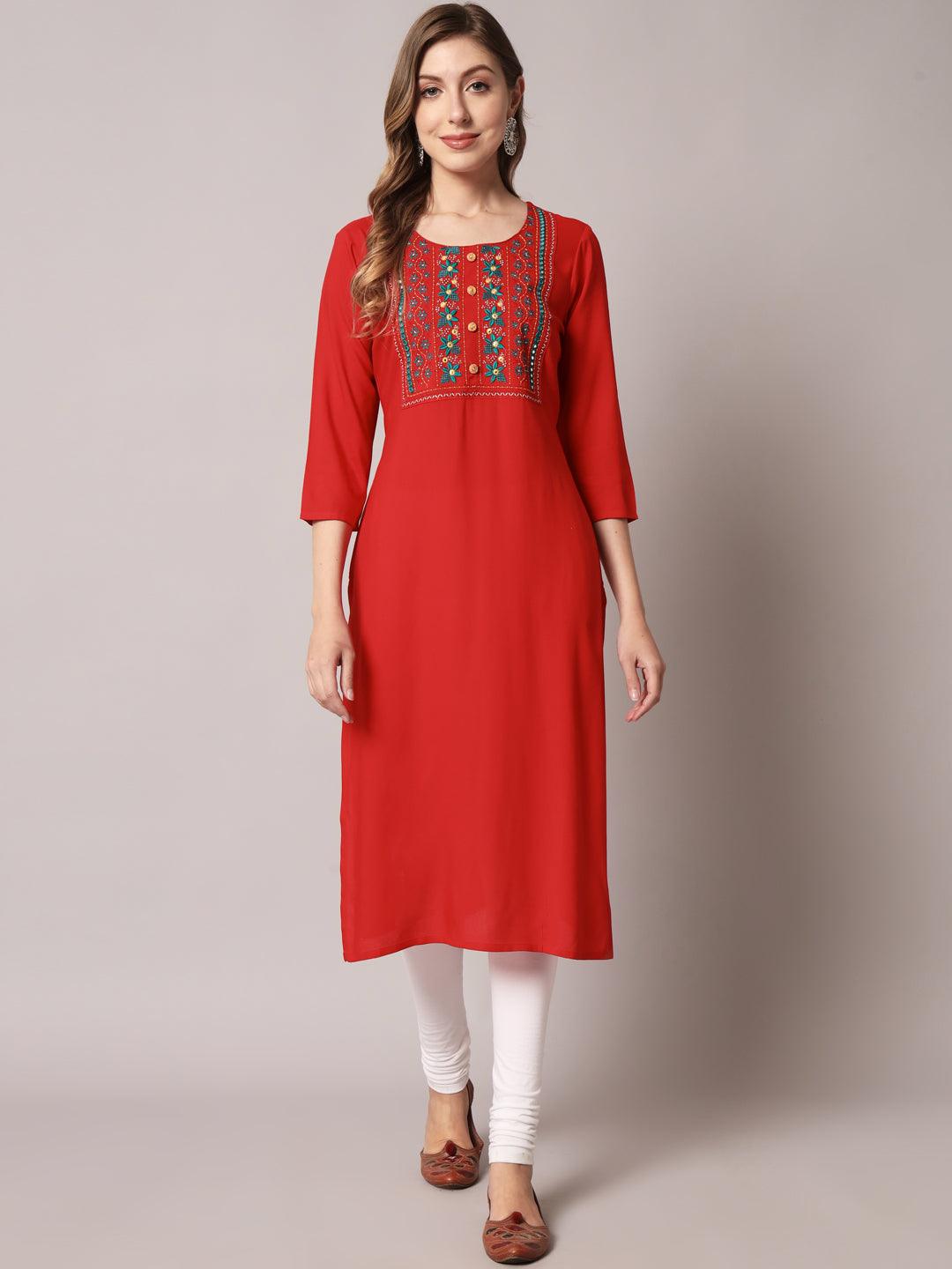 Women's Red Color Solid Rayon Embroidered Kurta - PREKSHA - Indiakreations