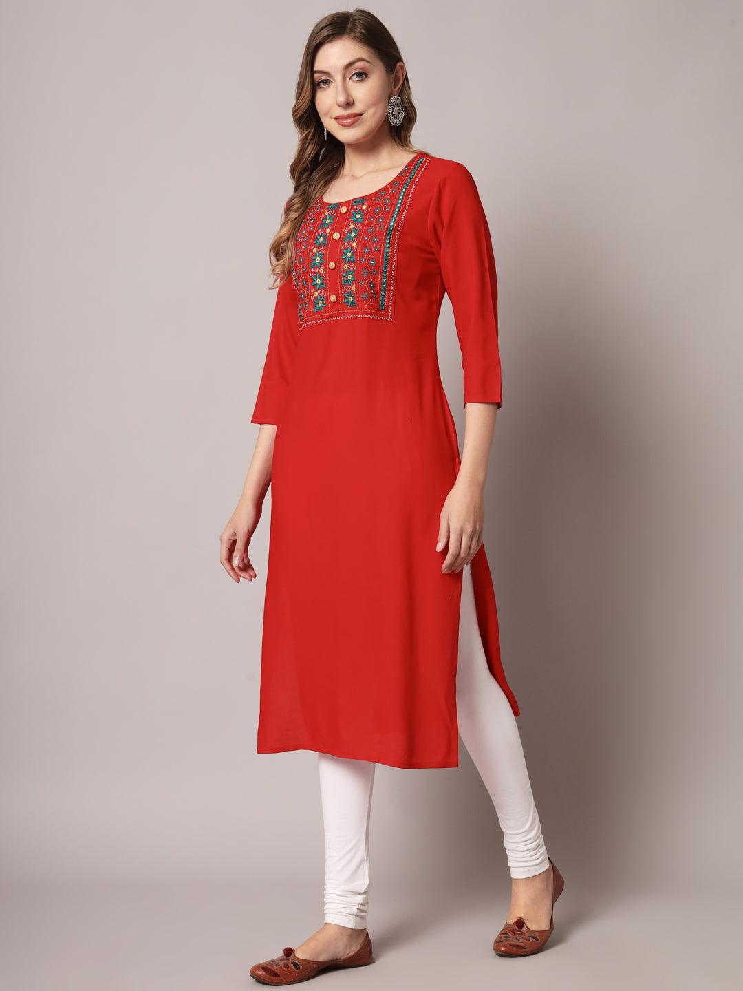 Women's Red Color Solid Rayon Embroidered Kurta - PREKSHA - Indiakreations