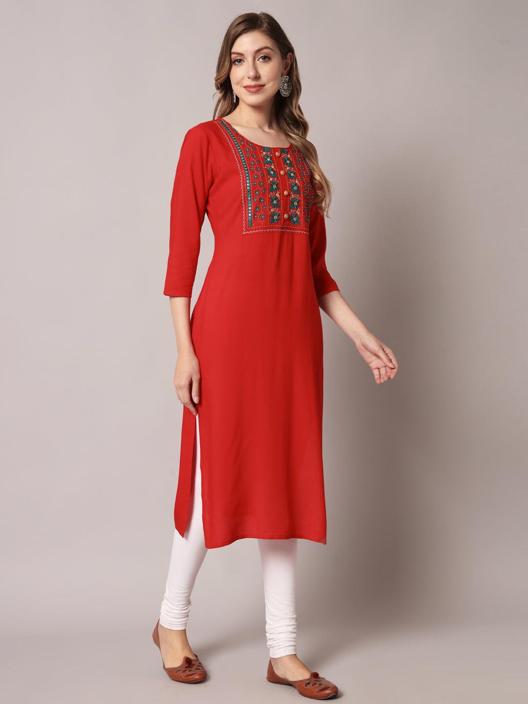 Women's Red Color Solid Rayon Embroidered Kurta - PREKSHA - Indiakreations