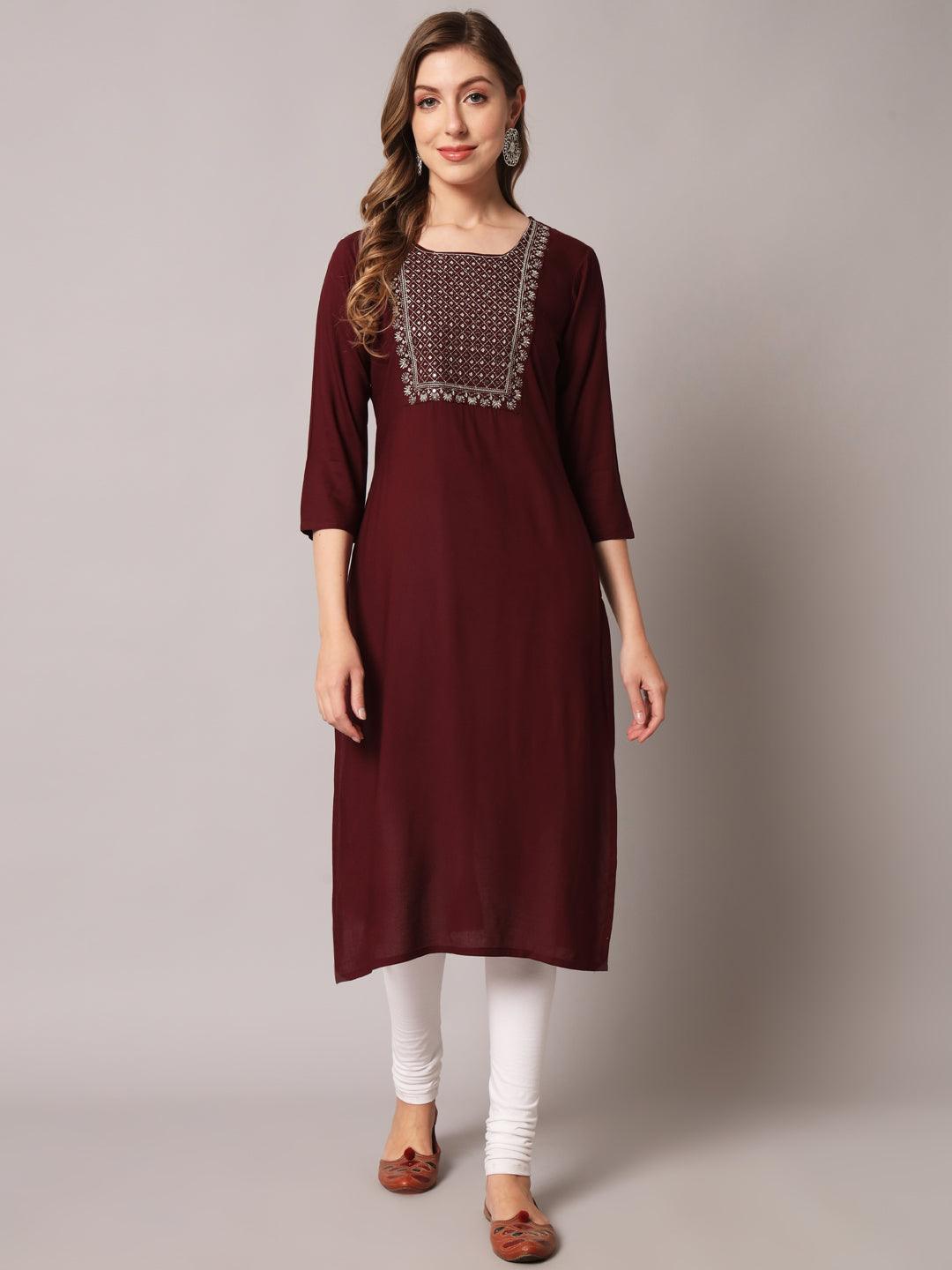 Women's Wine Color Solid Rayon Embroidered Kurta - PREKSHA - Indiakreations