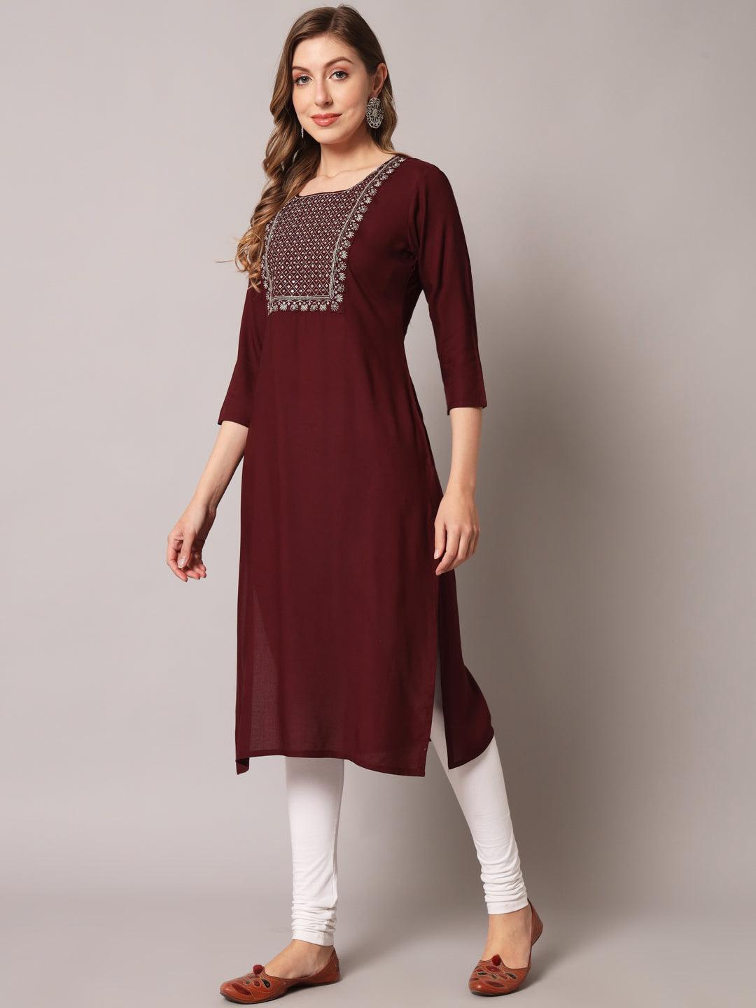 Women's Wine Color Solid Rayon Embroidered Kurta - PREKSHA - Indiakreations