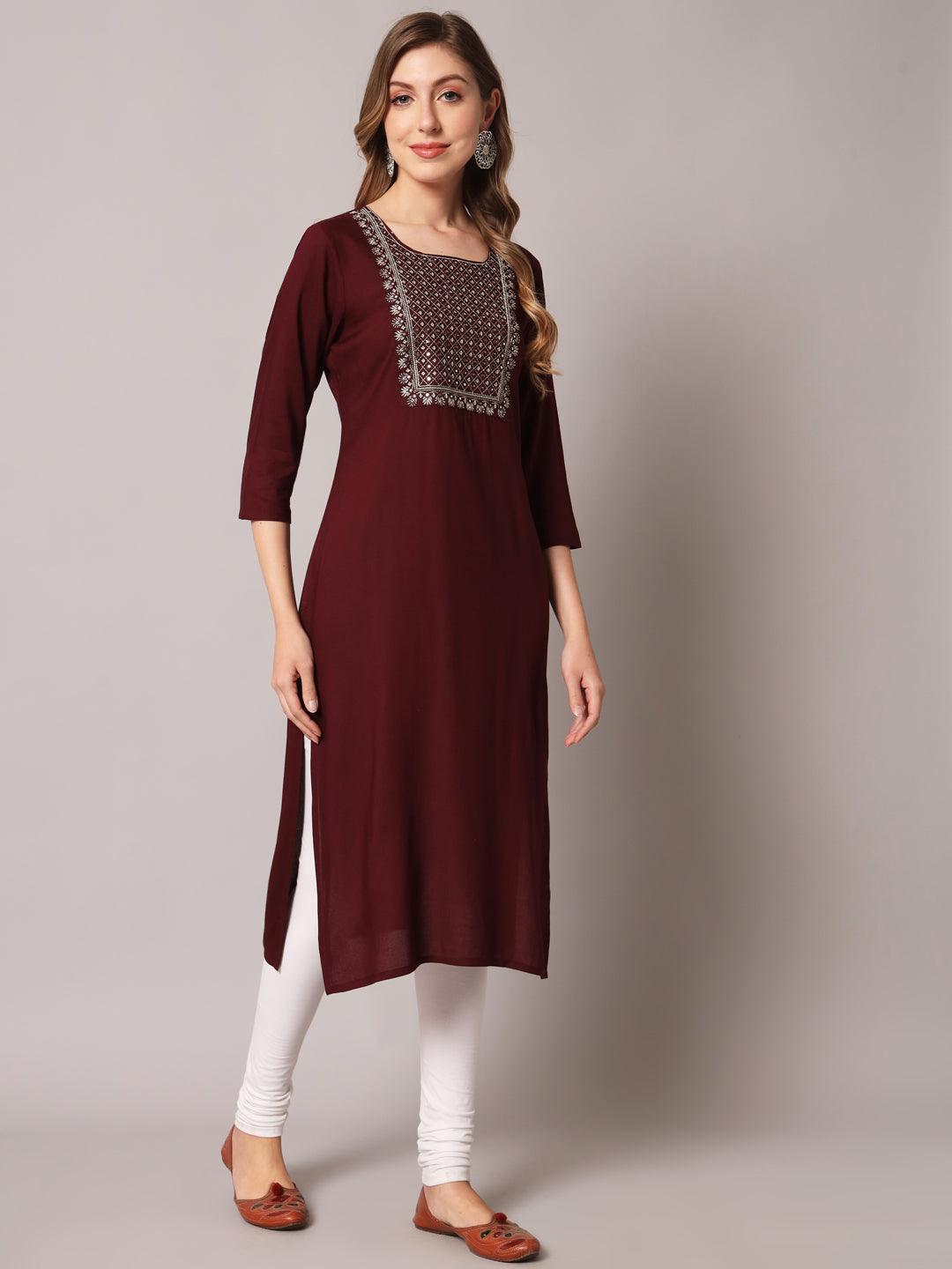 Women's Wine Color Solid Rayon Embroidered Kurta - PREKSHA - Indiakreations