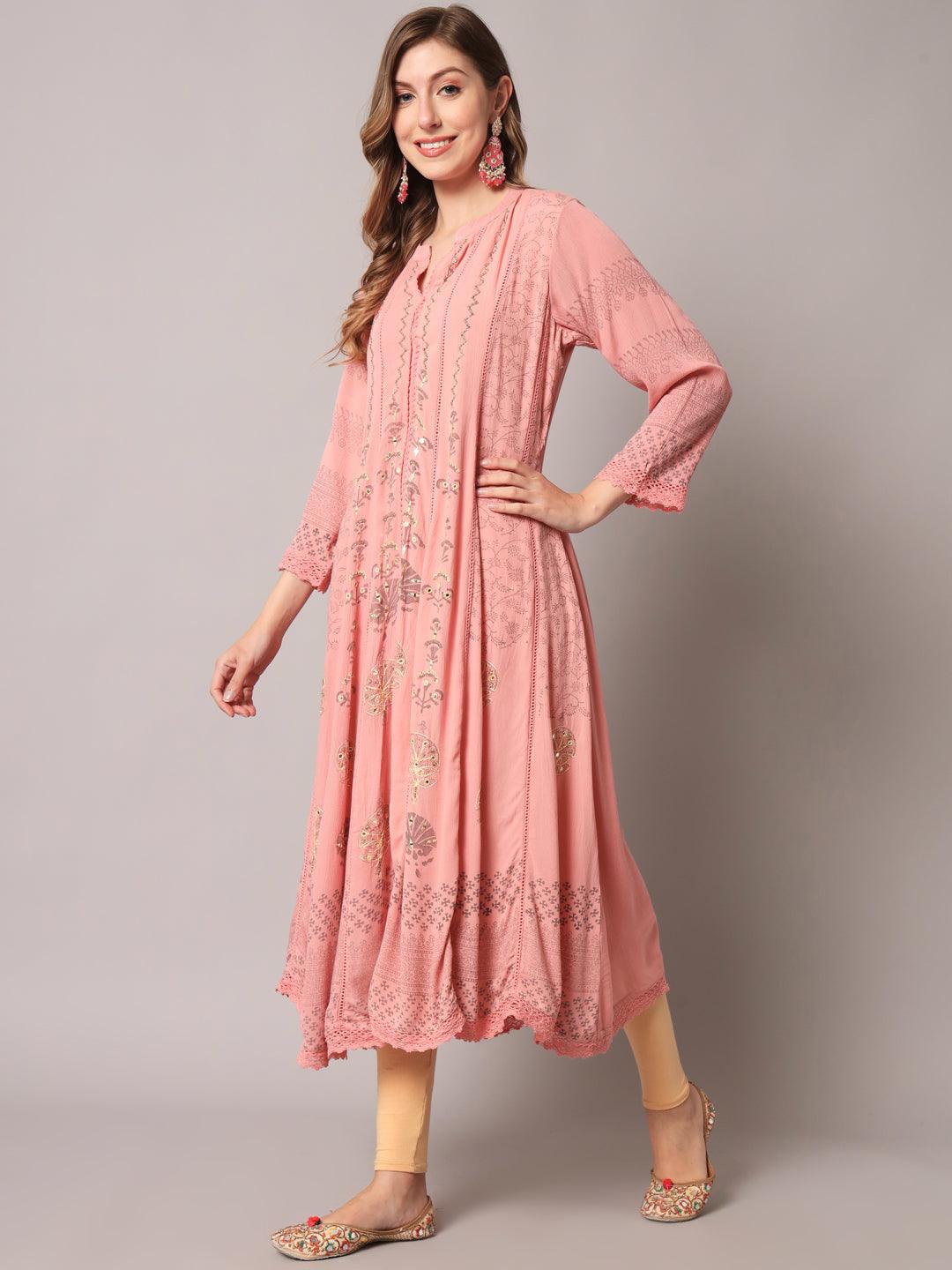 Women's Pink Color Floral Rayon Crepe Embroidered Kurta - PREKSHA - Indiakreations