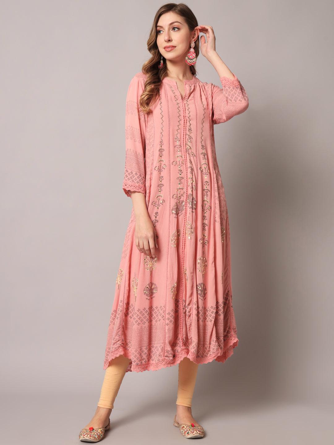 Women's Pink Color Floral Rayon Crepe Embroidered Kurta - PREKSHA - Indiakreations