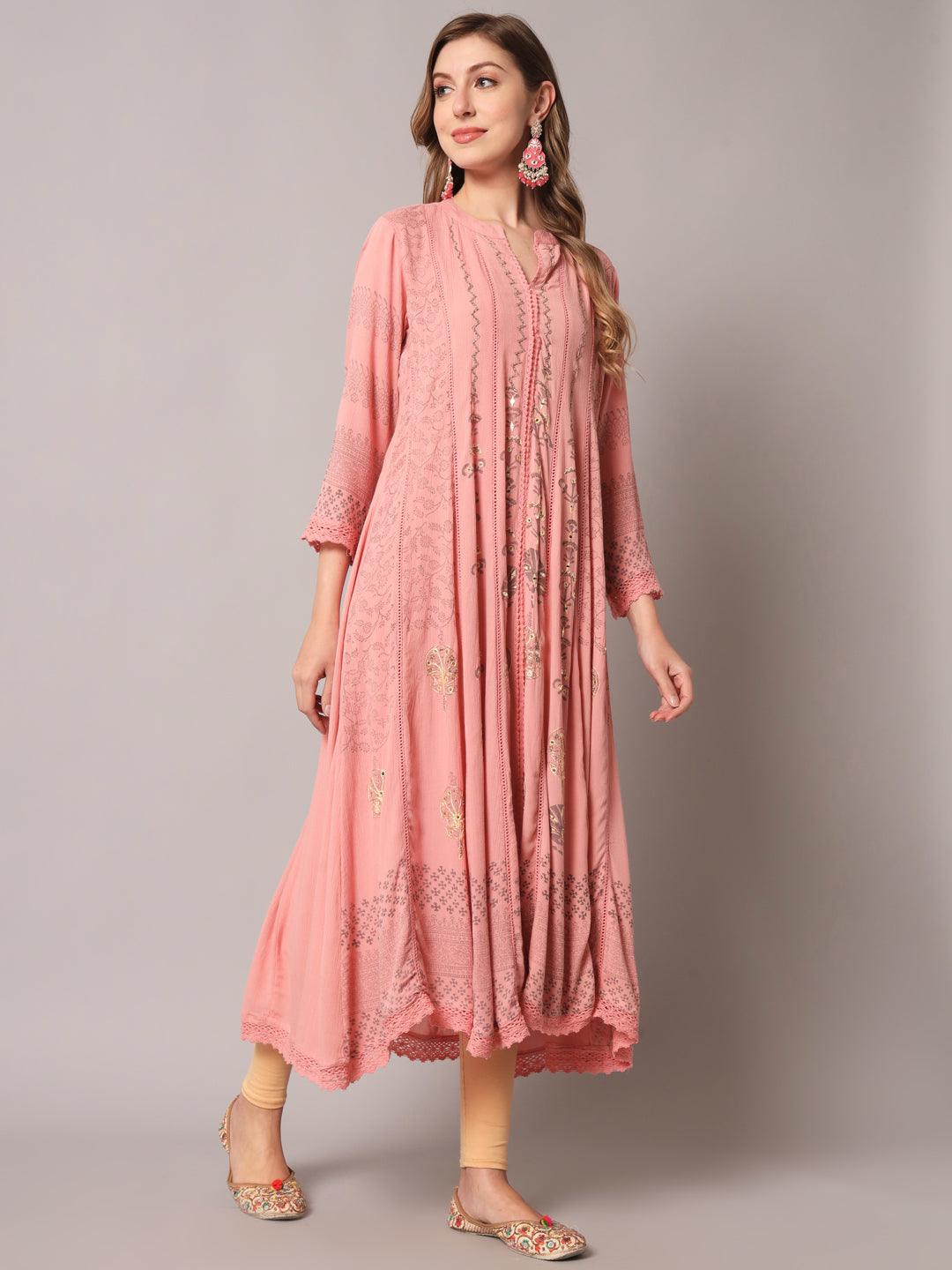 Women's Pink Color Floral Rayon Crepe Embroidered Kurta - PREKSHA - Indiakreations