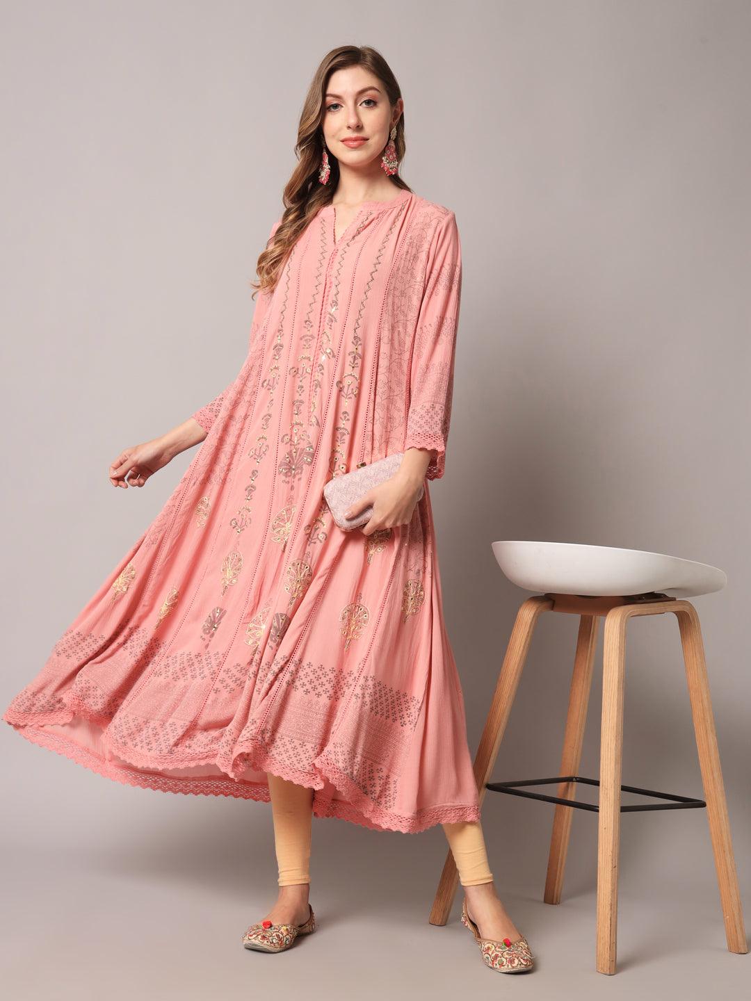 Women's Pink Color Floral Rayon Crepe Embroidered Kurta - PREKSHA - Indiakreations