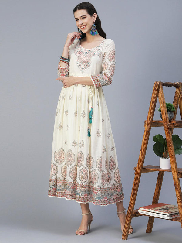 Floral Printed & Embroidered Fit & Flare Maxi Dress - Off White - Indiakreations