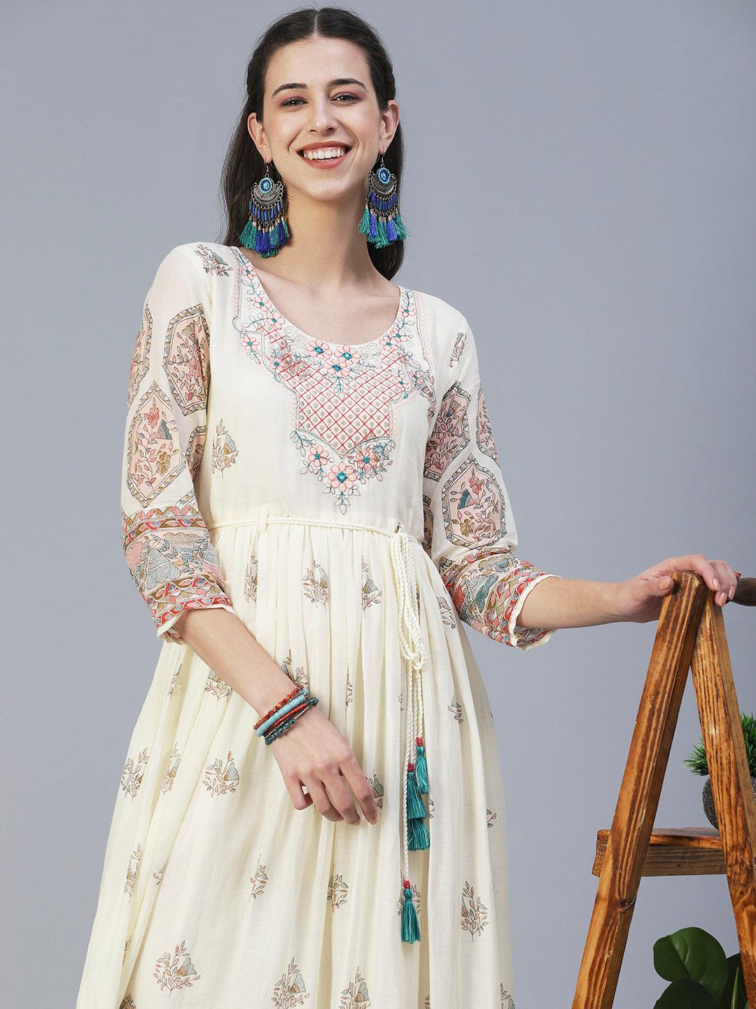 Floral Printed & Embroidered Fit & Flare Maxi Dress - Off White - Indiakreations