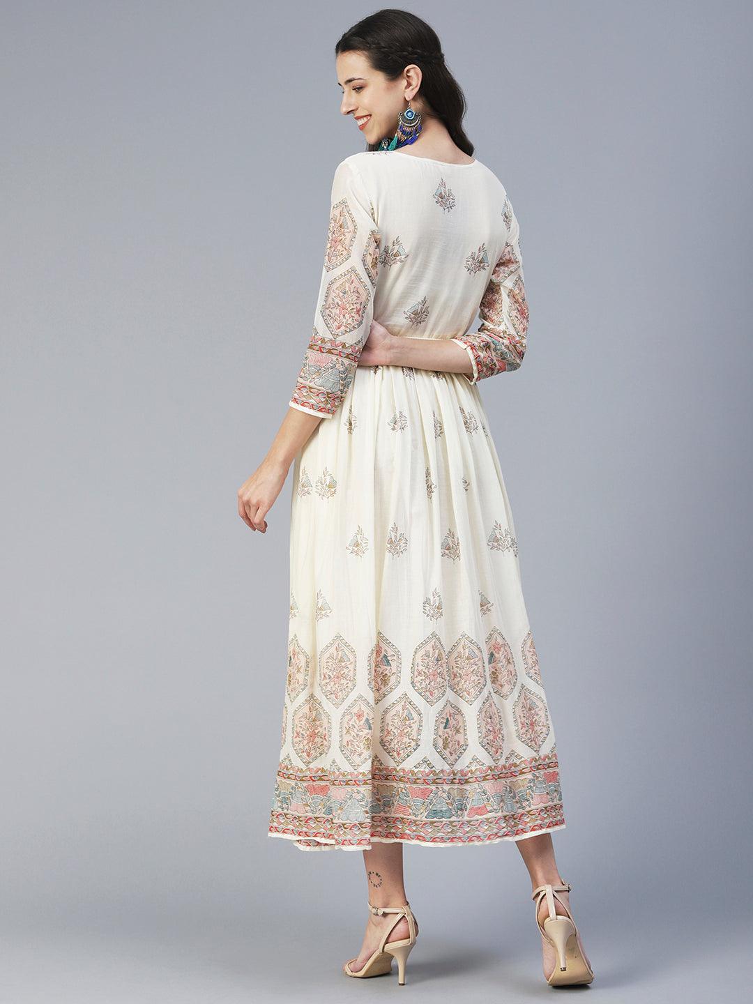 Floral Printed & Embroidered Fit & Flare Maxi Dress - Off White - Indiakreations