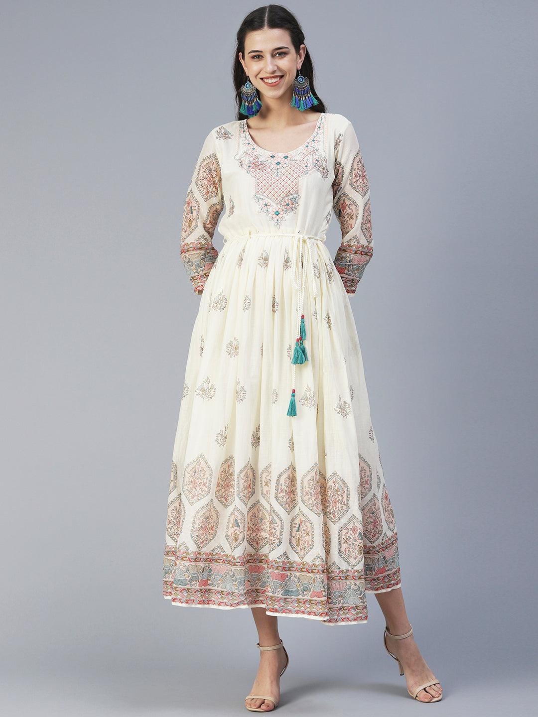 Floral Printed & Embroidered Fit & Flare Maxi Dress - Off White - Indiakreations