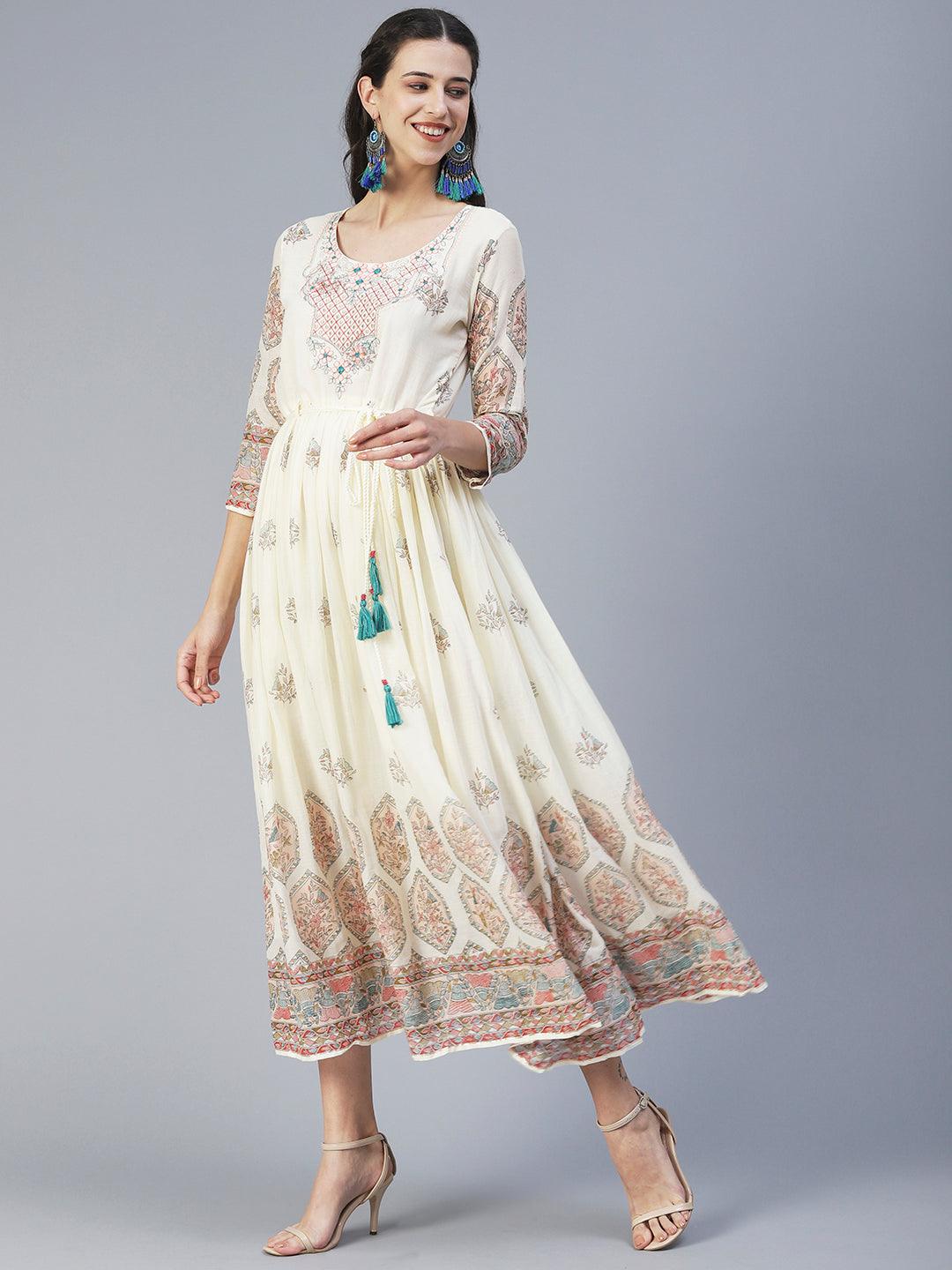 Floral Printed & Embroidered Fit & Flare Maxi Dress - Off White - Indiakreations